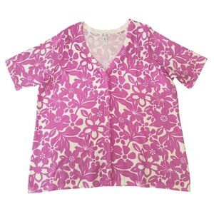 D&Co Womens 2X Pink & White Short Sleeve Floral Button-Up Cardigan Sweater